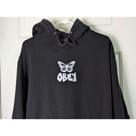 OBEY Hoodie Sweatshirt Adult Large Black Pullover Cotton Butterfly Metamorphosis - Picture 4 of 10